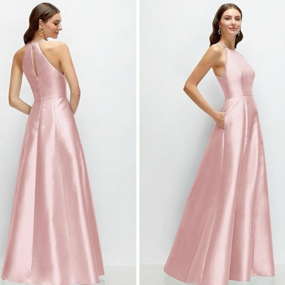 ALFRED SUNG Blush Pink Satin Halter Maxi Dress